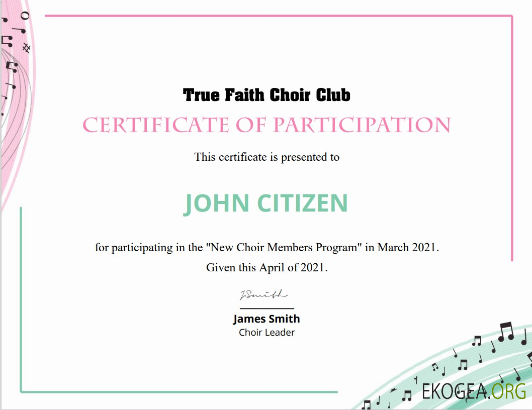 Certificat de participation à la chorale américaine